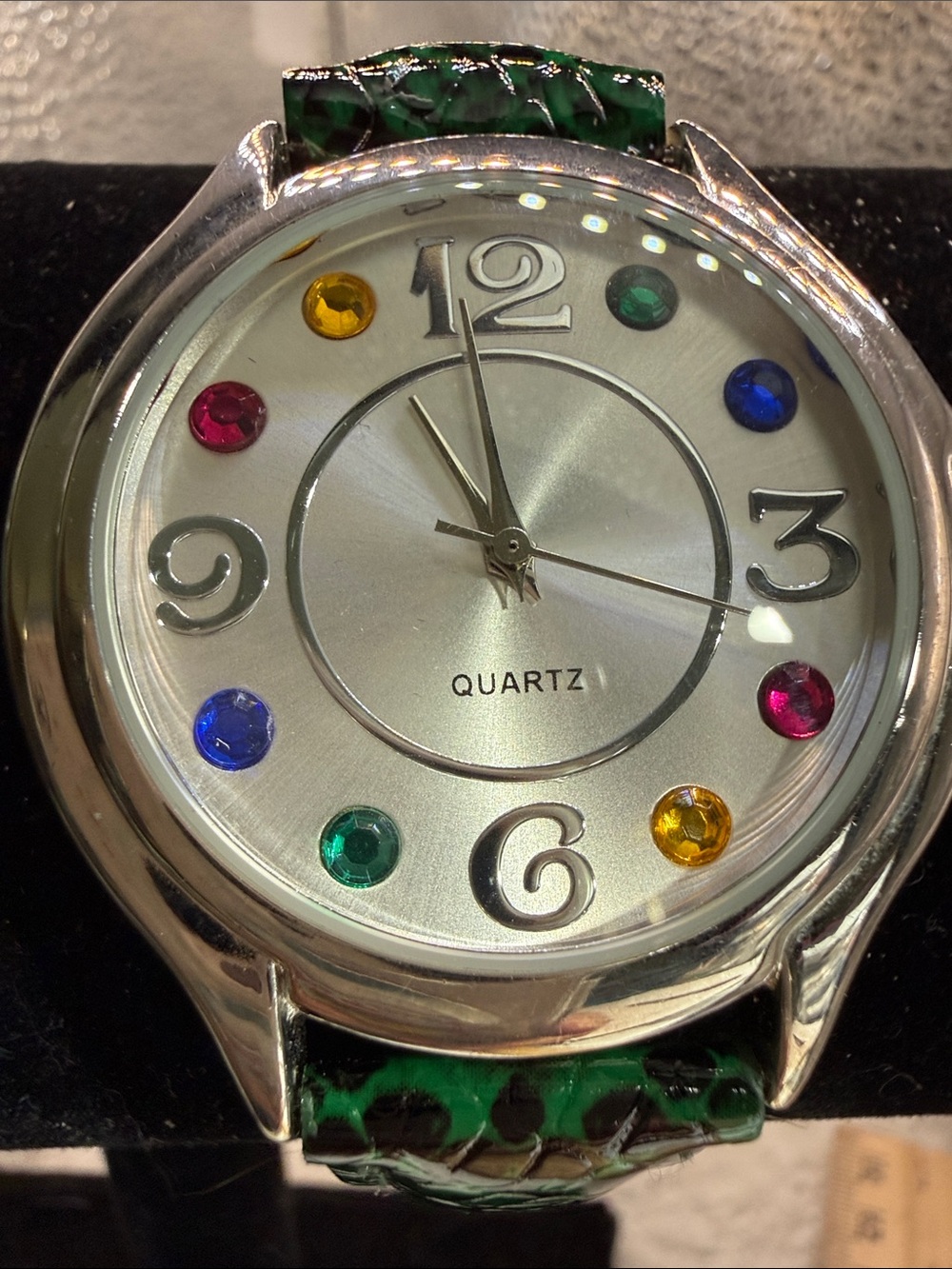 Green Strap Women's Gem Accent Silver toned Dial Quartz Watch